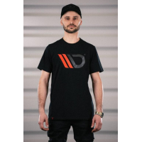 [Black T-shirt with red logo]