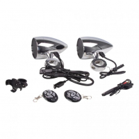 [Hangrendszer motorkerékpárhoz, rollerhez, ATV-hez USB-vel, BT, 2 x távirányító, színes króm]