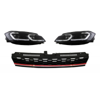[Központi jelvény nélküli hűtőrács LED-es fényszórókkal Szekvenciális dinamikus kanyarodó lámpák VW Golf 7.5 VII Facelifthez (2017-től) GTI Design Red and Chrome]